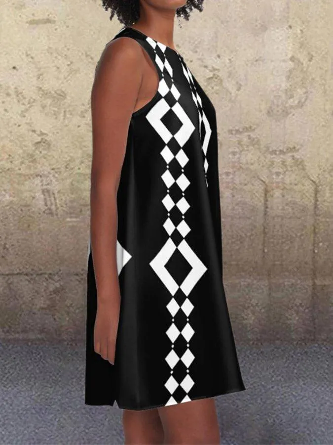 Black 1960's Geometric Pattern Pockets A-Line Retro Printed Casual Dresses
