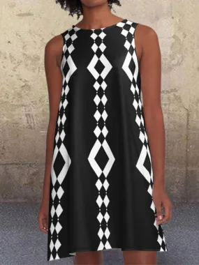 Black 1960's Geometric Pattern Pockets A-Line Retro Printed Casual Dresses
