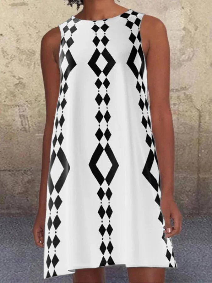 Black 1960's Geometric Pattern Pockets A-Line Retro Printed Casual Dresses