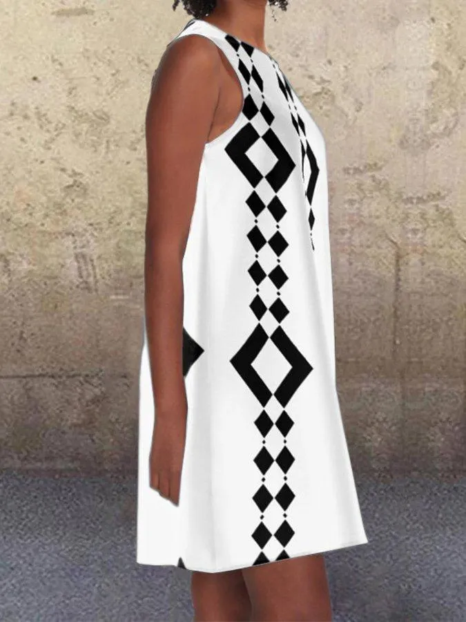 Black 1960's Geometric Pattern Pockets A-Line Retro Printed Casual Dresses