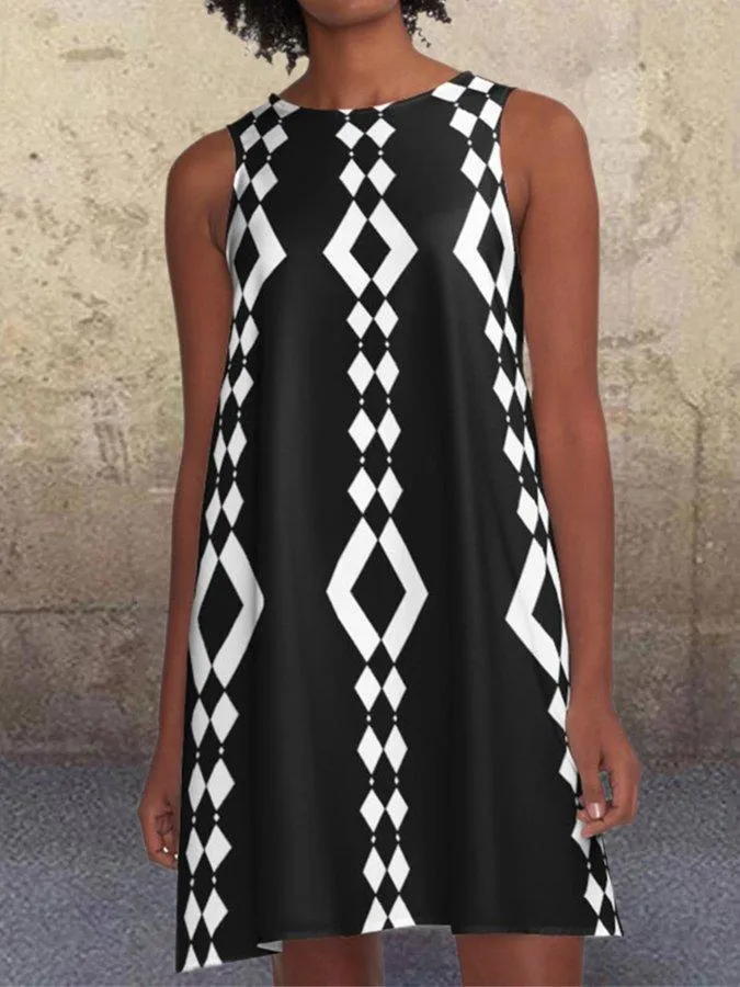 Black 1960's Geometric Pattern Pockets A-Line Retro Printed Casual Dresses