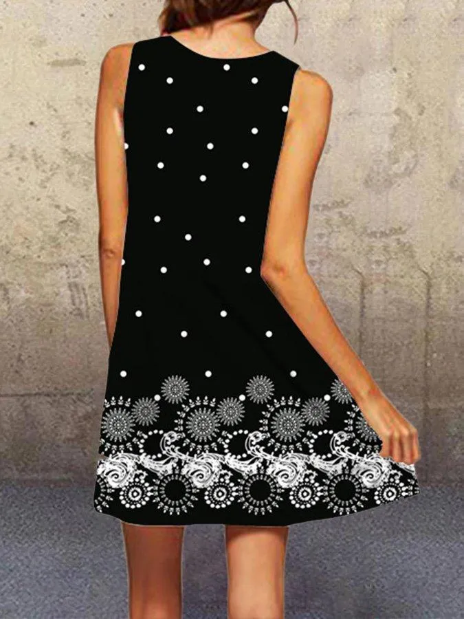 Black Crew Neck A-Line Polka Dots Sleeveless Dresses