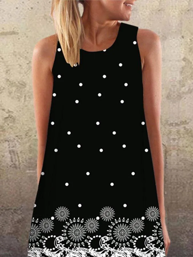 Black Crew Neck A-Line Polka Dots Sleeveless Dresses