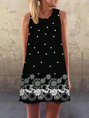 Black Crew Neck A-Line Polka Dots Sleeveless Dresses