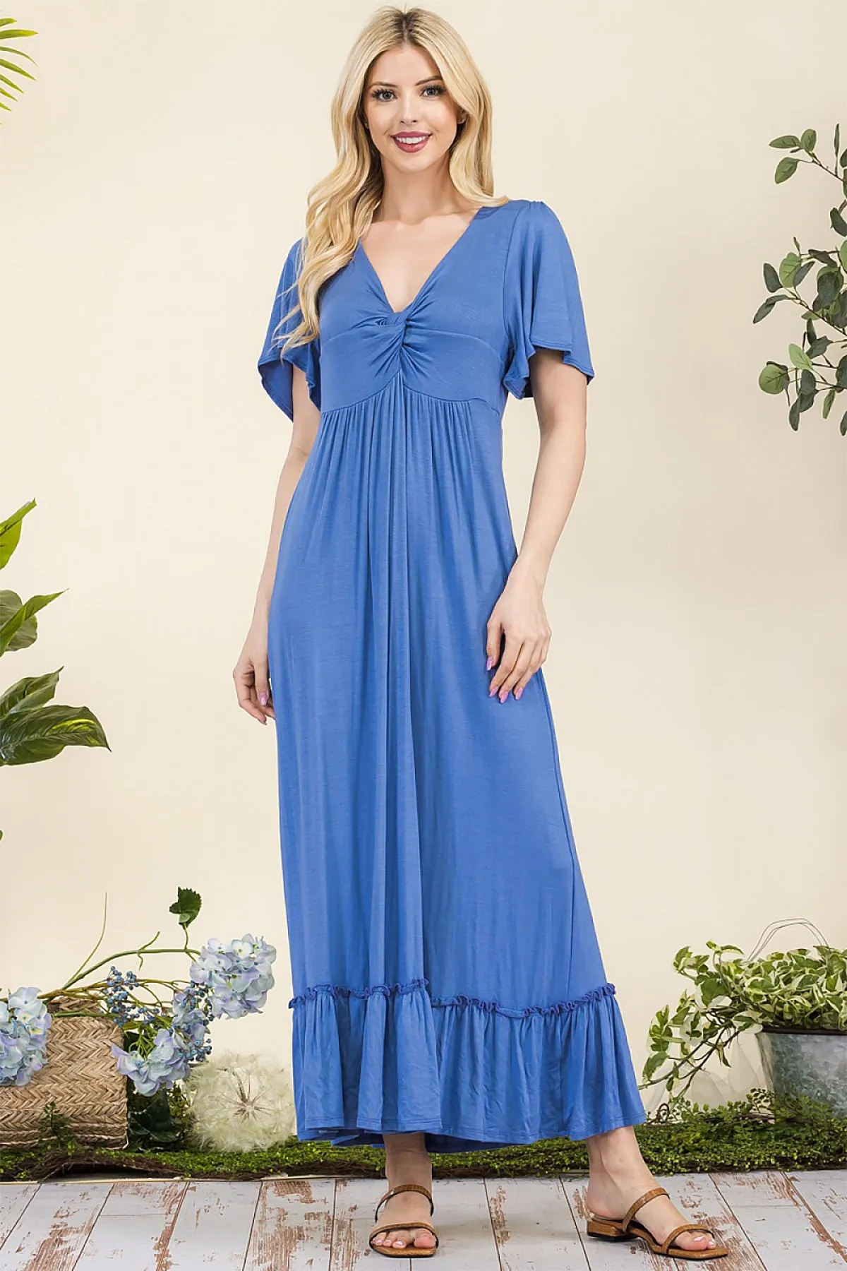 D5366 - V-NECK KNOTTED SHORT SLEEVE MIDI DRESS 2-2-2