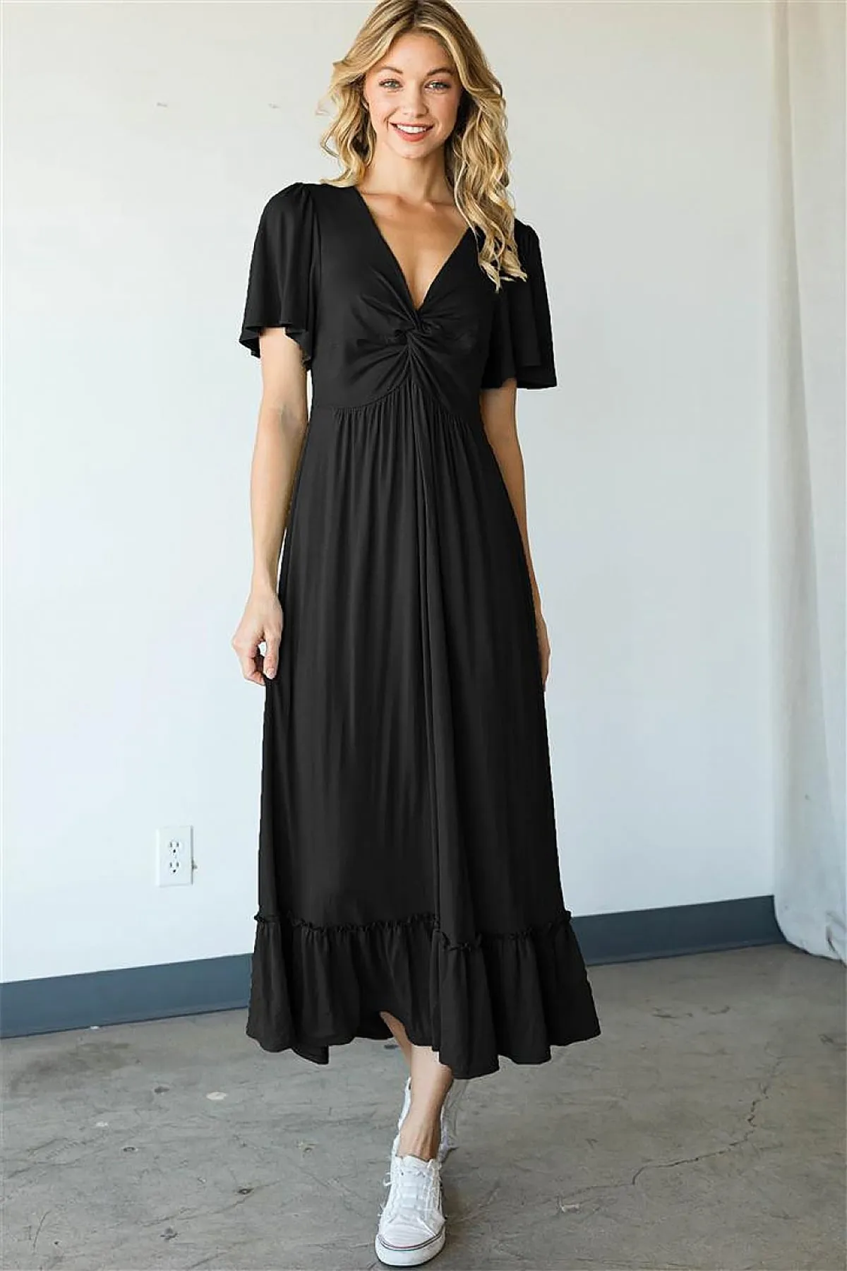 D5366 - V-NECK KNOTTED SHORT SLEEVE MIDI DRESS 2-2-2