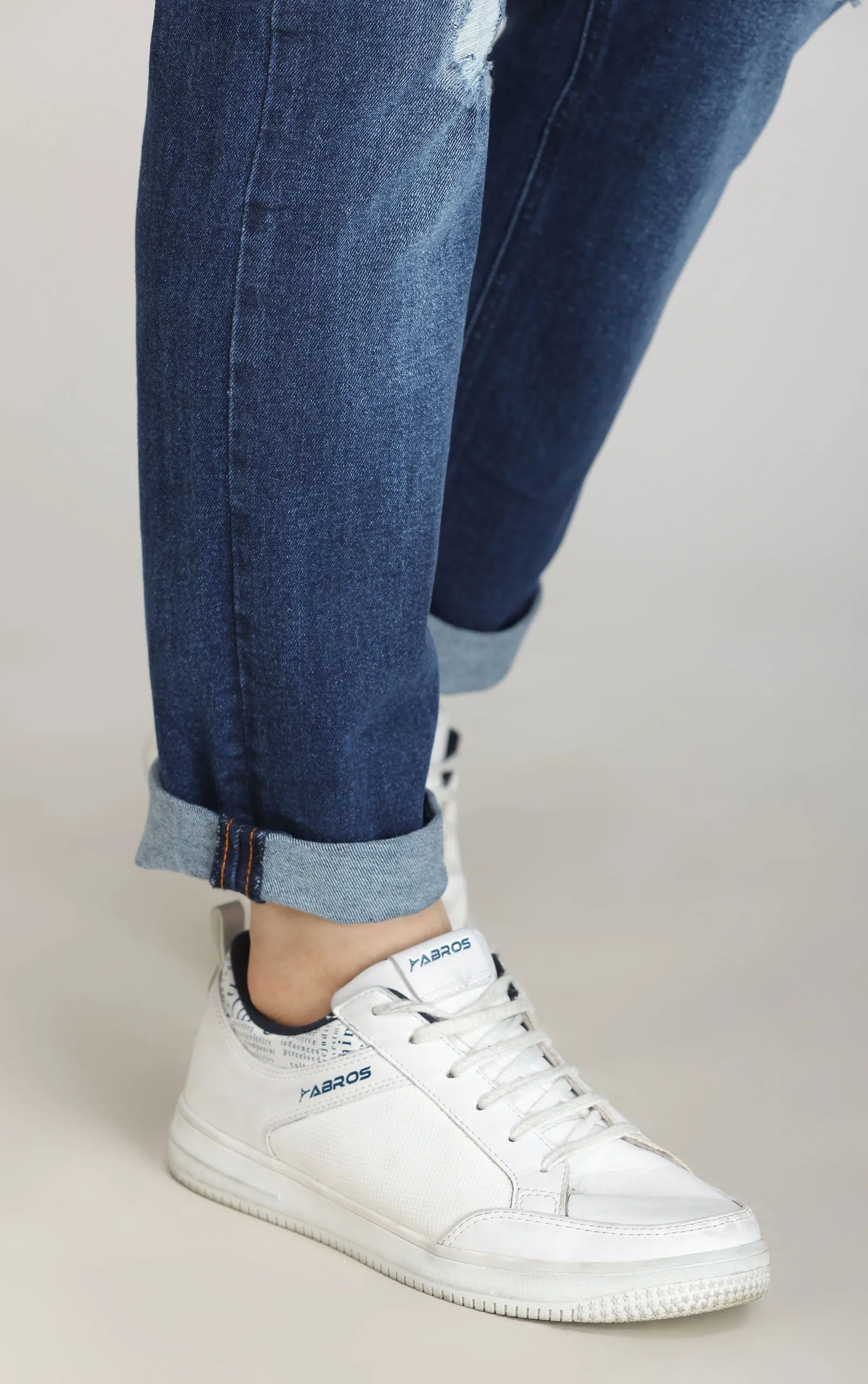 DARK BLUE MID RISE RIPPED SLIM FIT JEANS