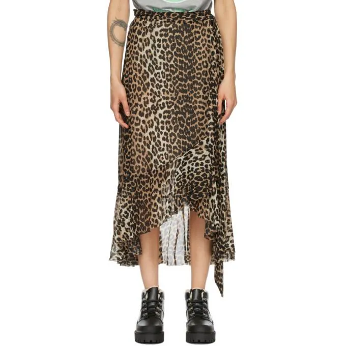GANNI Brown and Black Mesh Printed Wrap Skirt