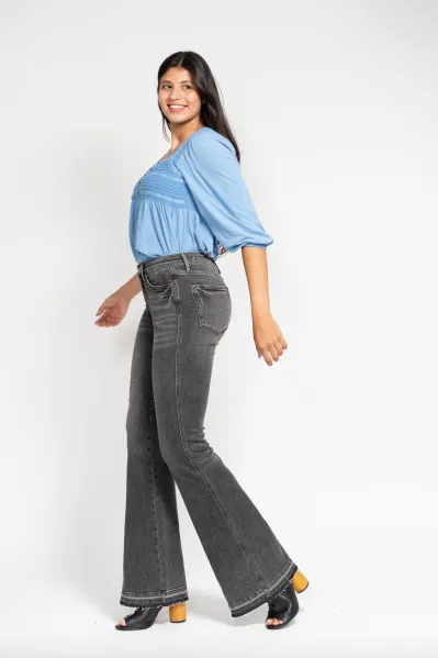 Judy Blue Mid Rise Tummy Control Washed Gray Release Hem Flare