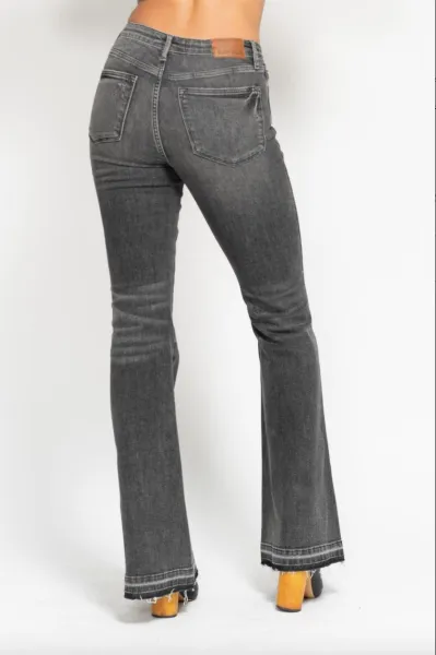 Judy Blue Mid Rise Tummy Control Washed Gray Release Hem Flare