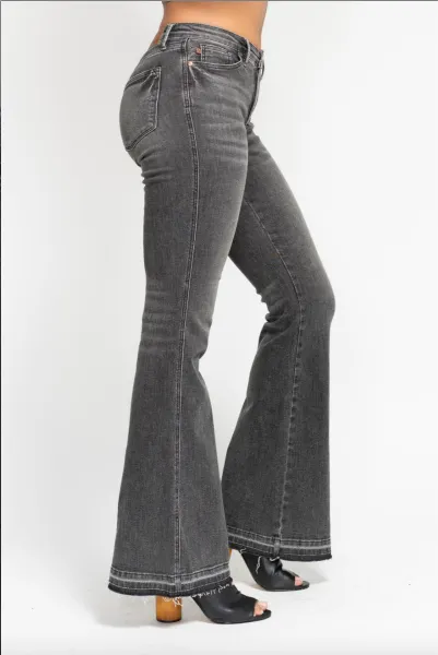 Judy Blue Mid Rise Tummy Control Washed Gray Release Hem Flare