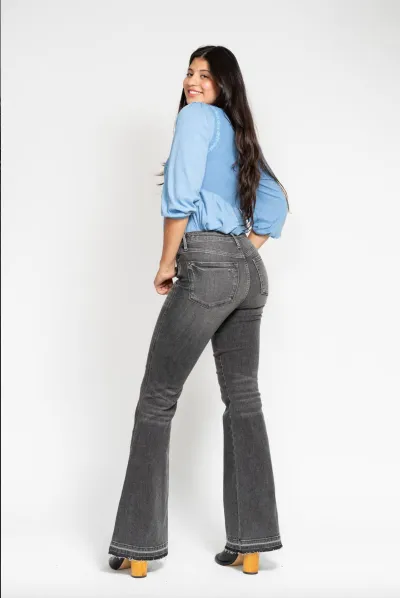 Judy Blue Mid Rise Tummy Control Washed Gray Release Hem Flare