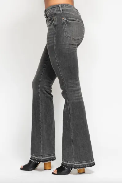 Judy Blue Mid Rise Tummy Control Washed Gray Release Hem Flare