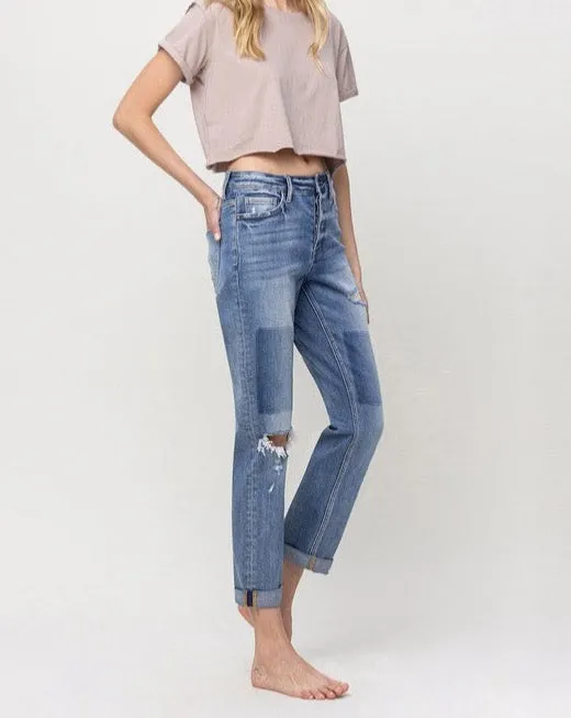 Mid Rise Faded Patch Boyfriend Jean 2