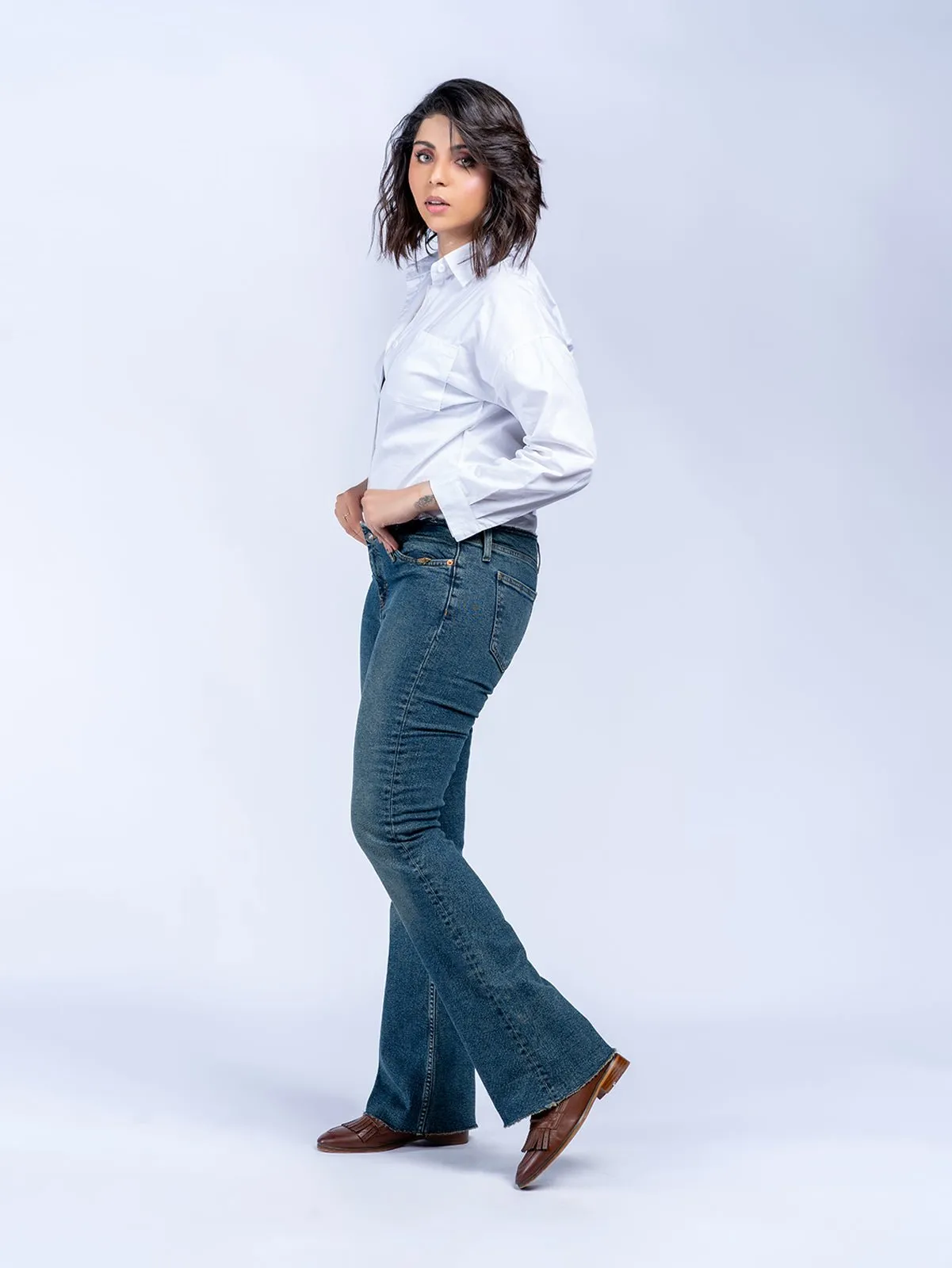 Rough Waist and Hem Flare Leg Jeans